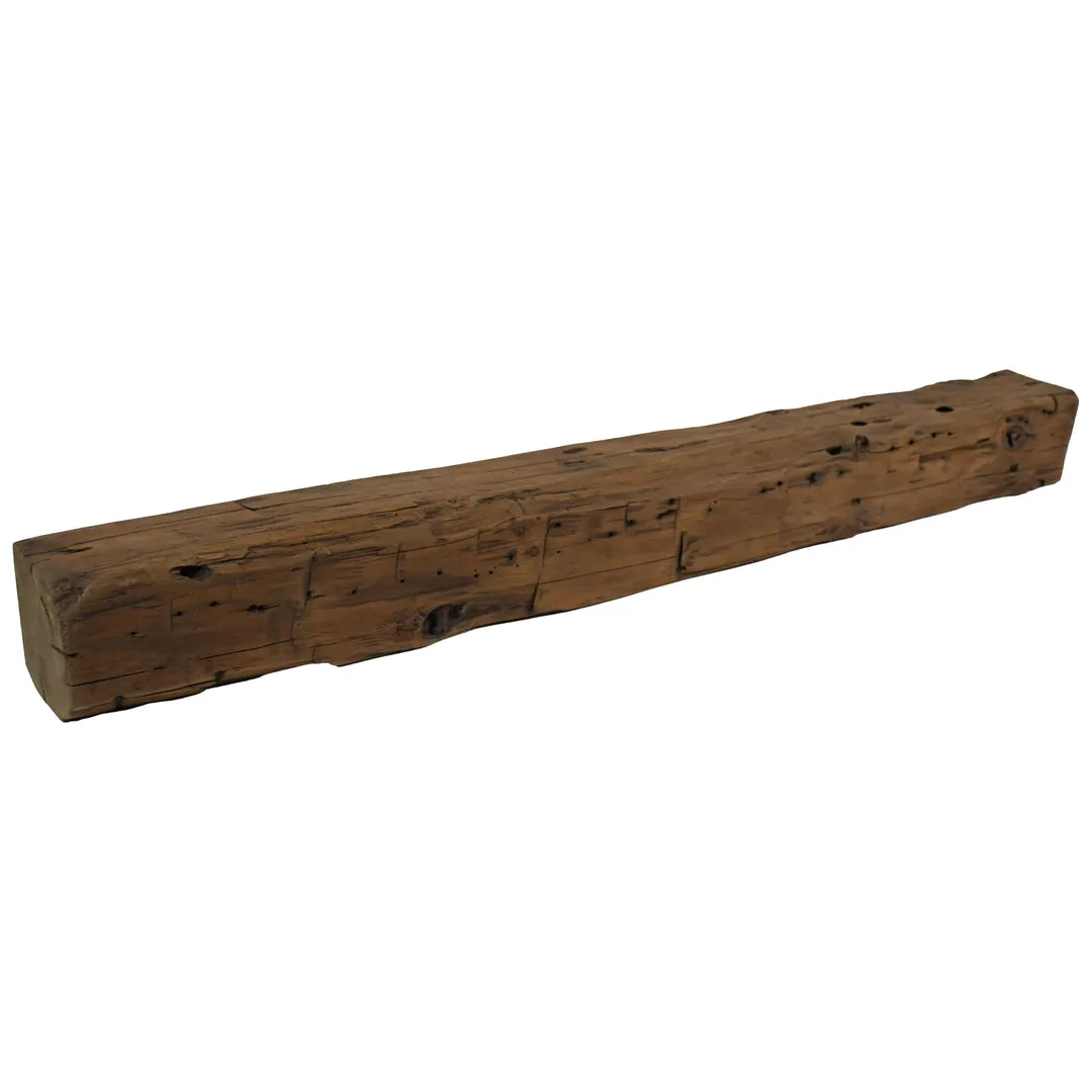 Rustic reclaimed wood beam with weathered patina, nail holes, and natural checking showcases authentic barnwood character for mantel or ceiling applications.
